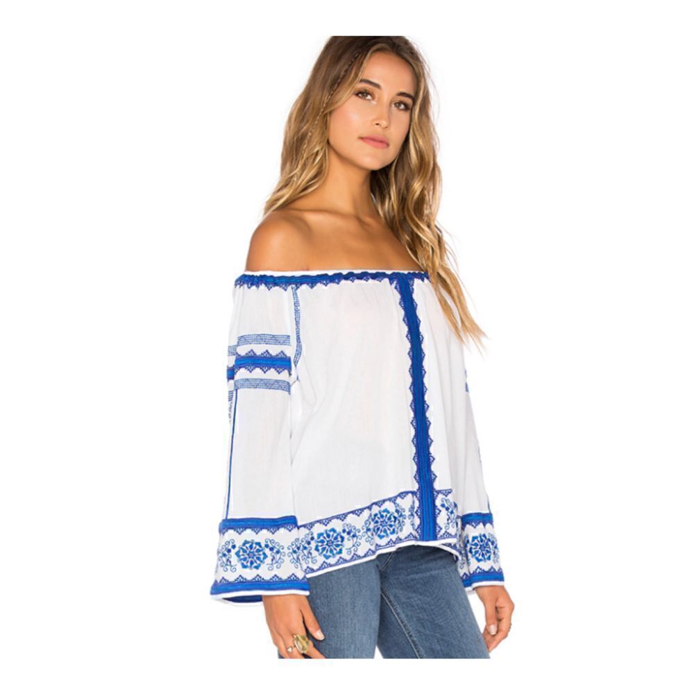 Love Sam
Wanda Off-The-Shoulder Embroidered Top, White/Blue 